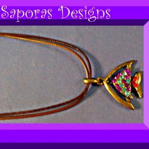 Antique Bronze Fish Necklace With Colorful Rhinestones With Brown Leather Chain